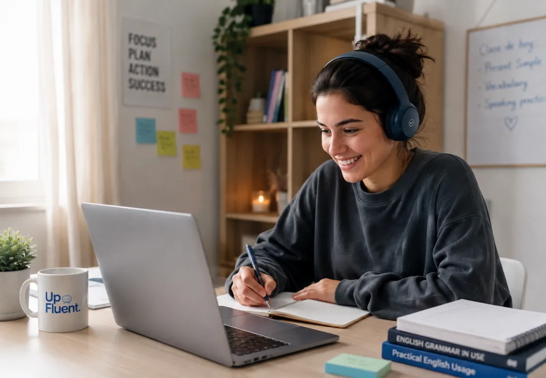 Estudiante hispanohablante tomando una clase de inglés online con auriculares frente a su notebook